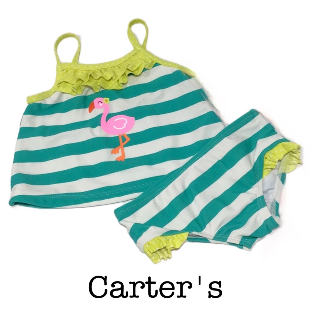 Carter’s 2-Piece Striped Swim Suit with Pink Flamingo, Lined,‎ Size 6-9 Months